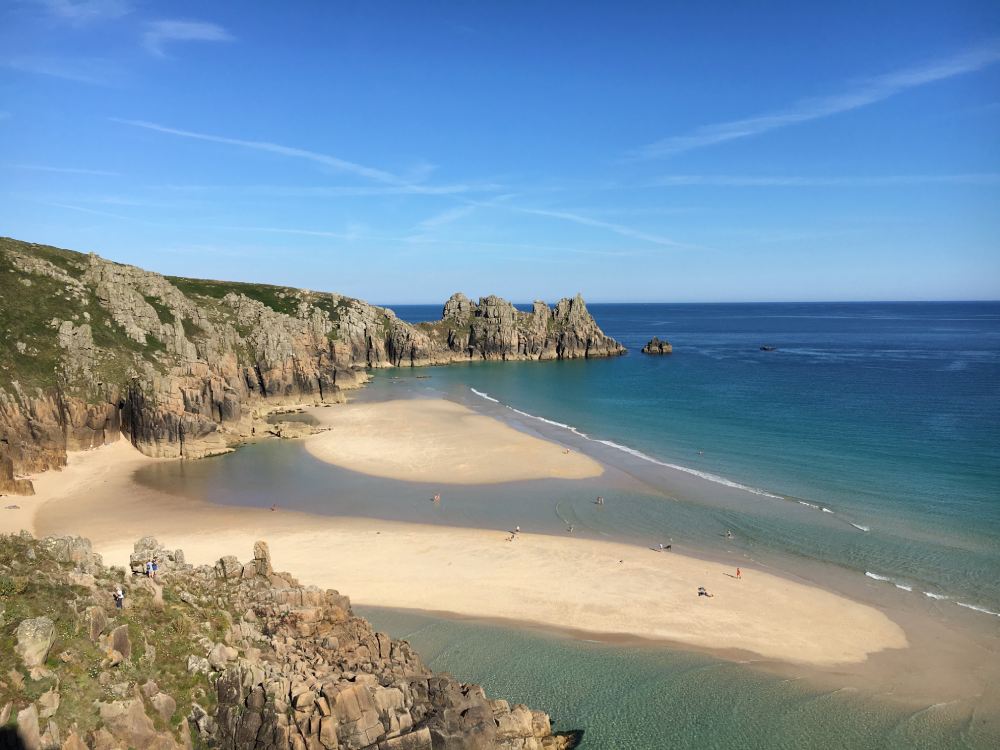 Pedn Vounder beach at low tide taken from cliffs above at Treen