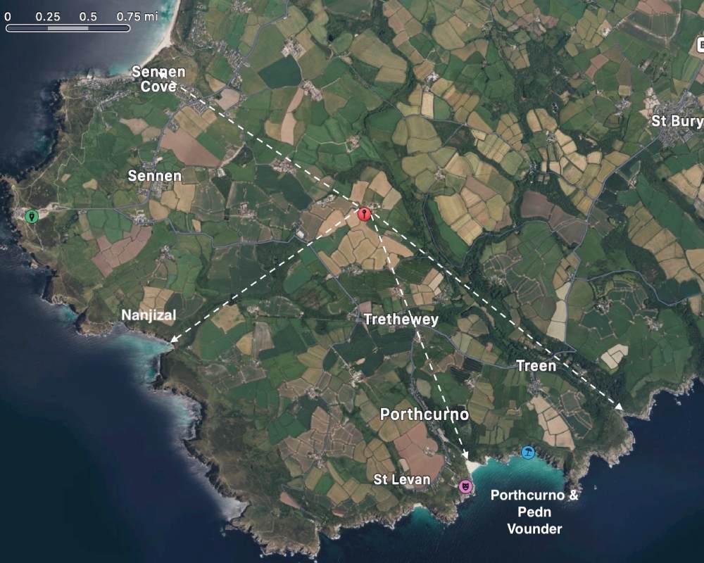 Aerial map of West Penwith peninsula showing position of Trengothal Barn and dotted arrow to local sandy beaches of Sennen, Porthcurno, Pedn Vounder and Nanjizal